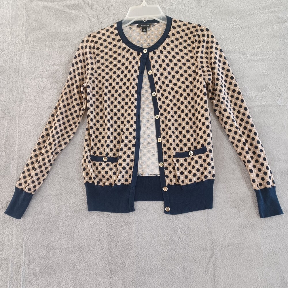 Polka Dot Crewneck Cardigan - Beige & Navy